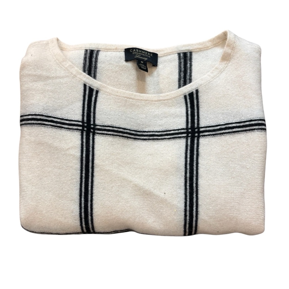 100% cashmere charter club ivory / black windowpane sweater size medium